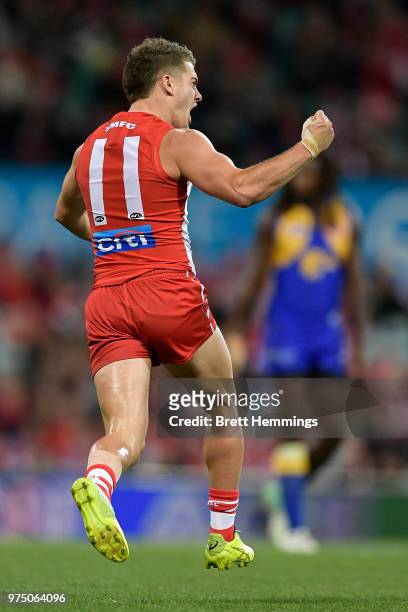 Tom Papley of the Swans celebrates kicking a goal during the round 13 AFL match between the Sydney Swans and the West Coast Eagles at Sydney Cricket...
