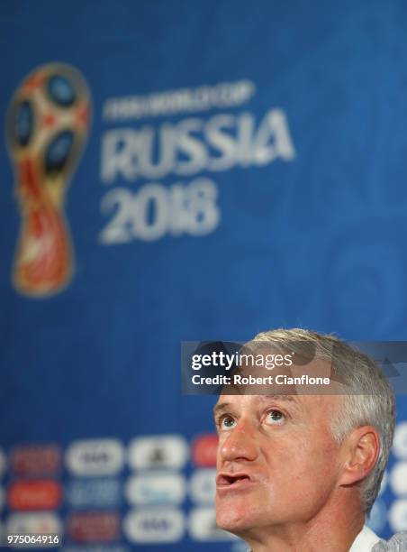 French coach Didier Deschamps speaks to the media during the French team press conference at Kazan Arena on June 15, 2018 in Kazan, Russia.