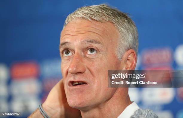 French coach Didier Deschamps speaks to the media during the French team press conference at Kazan Arena on June 15, 2018 in Kazan, Russia.