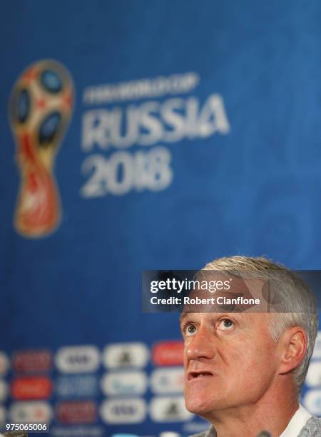 French coach Didier Deschamps speaks to the media during the French team press conference at Kazan Arena on June 15, 2018 in Kazan, Russia.