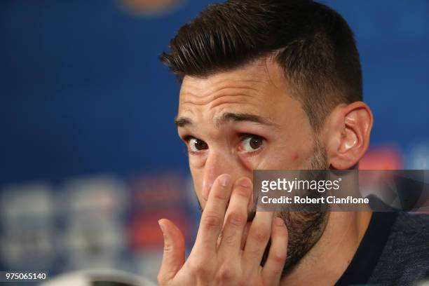 Hugo Lloris of France speaks to the media during the French team press conference at Kazan Arena on June 15, 2018 in Kazan, Russia.