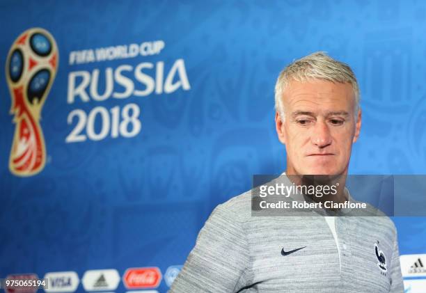 French coach Didier Deschamps arrives during the French team press conference at Kazan Arena on June 15, 2018 in Kazan, Russia.