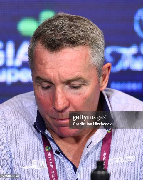 Cowboys Coach Paul Green looks on at the at the post match media conference at the end of the round 15 NRL match between the North Queensland Cowboys...