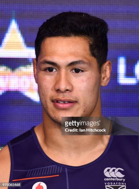 Roger Tuivasa-Sheck of the Warriors looks on at the post match media conference at the end of during the round 15 NRL match between the North...