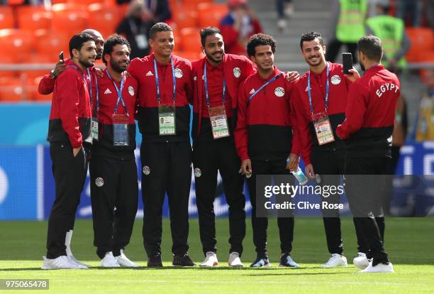 Marwan Mohsen, Mohamed Salah, Samir Saad, Kahraba, Omar Gaber and Ahmed Fathi of Egypt pose for a picture prior to the 2018 FIFA World Cup Russia...