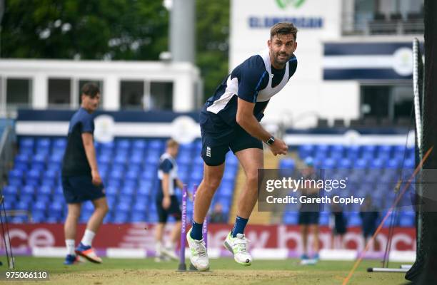 Liam Plunkett of England bowls during a nets session at SWALEC Stadium on June 15, 2018 in Cardiff, Wales.