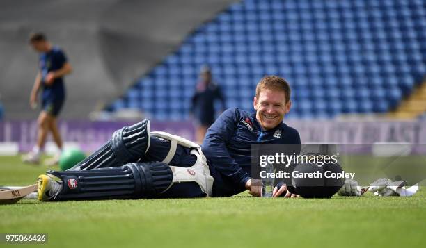 England captain Eoin Morgan laughs during a nets session at SWALEC Stadium on June 15, 2018 in Cardiff, Wales.