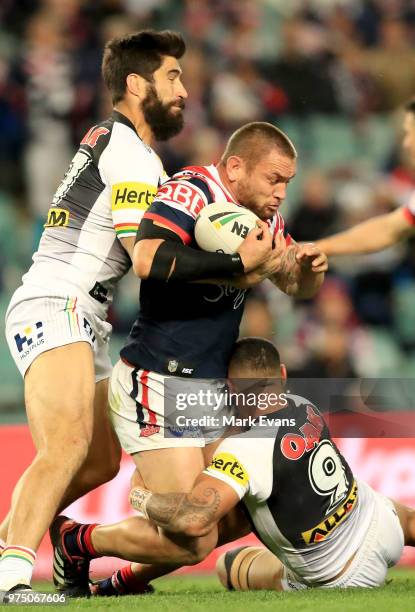 Jared Waerea-Hargreaves of the Roosters is tackled during the round 15 NRL match between the Sydney Roosters and the Penrith Panthers at Allianz...