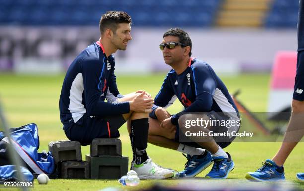 Mark Wood of England receives treatment during a nets session at SWALEC Stadium on June 15, 2018 in Cardiff, Wales.