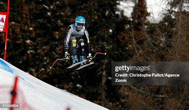 Julia Mancuso of the USA takes 3rd place during the Audi FIS Alpine Ski World Cup Women's Super G on March 7, 2010 in Crans Montana, Switzerland.