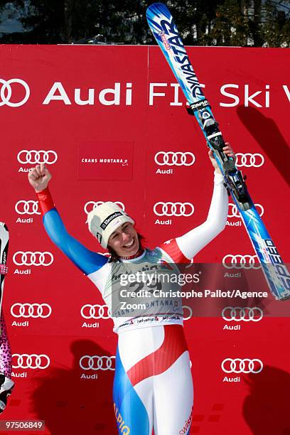 Dominique Gisin of Switzerland takes 1st place during the Audi FIS Alpine Ski World Cup Women's Super G on March 7, 2010 in Crans Montana,...