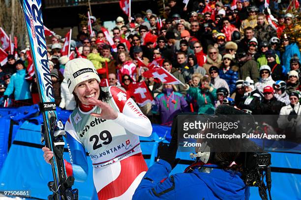 Dominique Gisin of Switzerland takes 1st place during the Audi FIS Alpine Ski World Cup Women's Super G on March 7, 2010 in Crans Montana,...