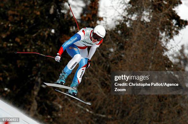 Dominique Gisin of Switzerland takes 1st place during the Audi FIS Alpine Ski World Cup Women's Super G on March 7, 2010 in Crans Montana,...