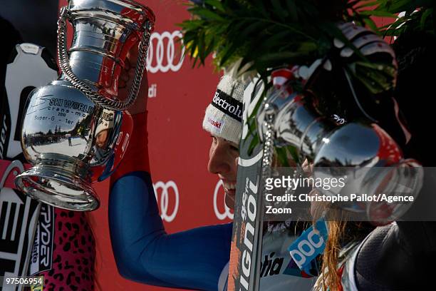 Dominique Gisin of Switzerland takes 1st place during the Audi FIS Alpine Ski World Cup Women's Super G on March 7, 2010 in Crans Montana,...