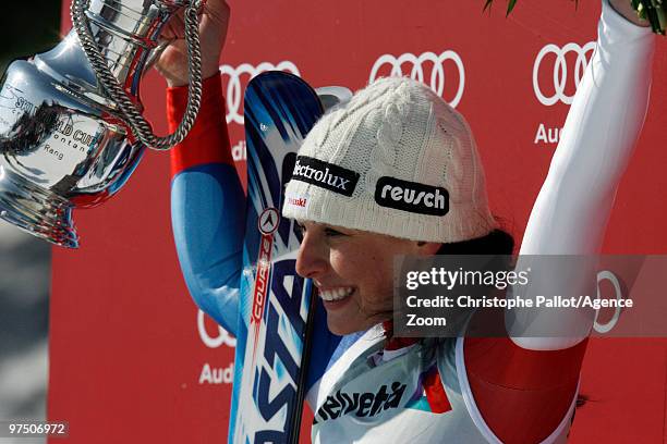 Dominique Gisin of Switzerland takes 1st place during the Audi FIS Alpine Ski World Cup Women's Super G on March 7, 2010 in Crans Montana,...