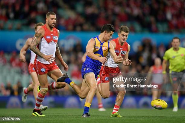 Laim Duggan of the Eagles contests the ball during the round 13 AFL match between the Sydney Swans and the West Coast Eagles at Sydney Cricket Ground...