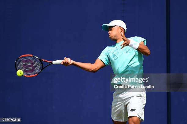 Jay Clarke of Great Britain hits a forehand in practice during preview Day 3 of the Fever-Tree Championships at Queens Club on June 15, 2018 in...