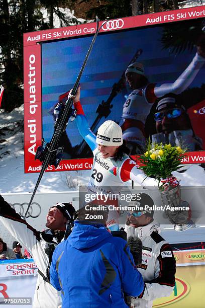 Dominique Gisin of Switzerland takes 1st place during the Audi FIS Alpine Ski World Cup Women's Super G on March 7, 2010 in Crans Montana,...