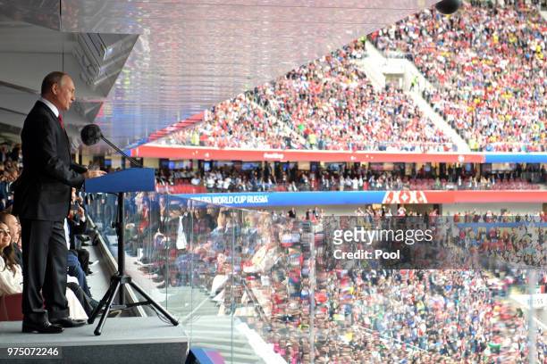 Russian President Vladimir Putin speaks during the opening ceremony prior to the 2018 FIFA World Cup Russia Group A match between Russia and Saudi...