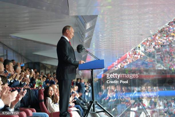 Russian President Vladimir Putin speaks during the opening ceremony prior to the 2018 FIFA World Cup Russia Group A match between Russia and Saudi...