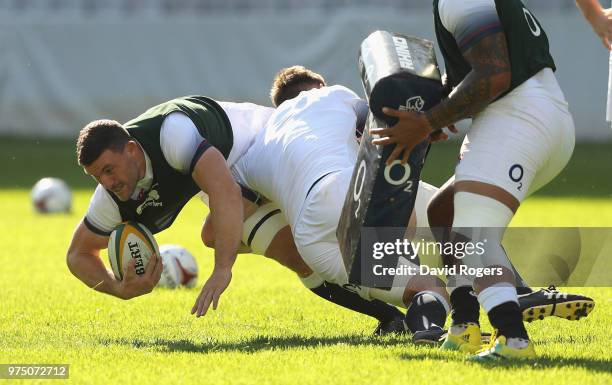 Mark Wilson is tackled during the England training session at Kings Park Stadium on June 15, 2018 in Durban, South Africa.