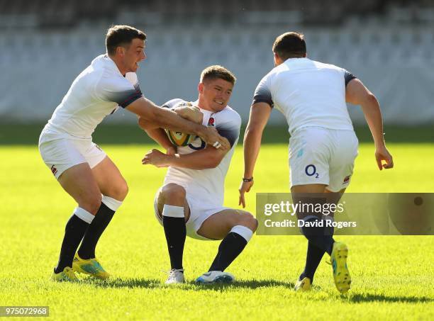 Owen Farrell is tackled by George Ford during the England training session at Kings Park Stadium on June 15, 2018 in Durban, South Africa.