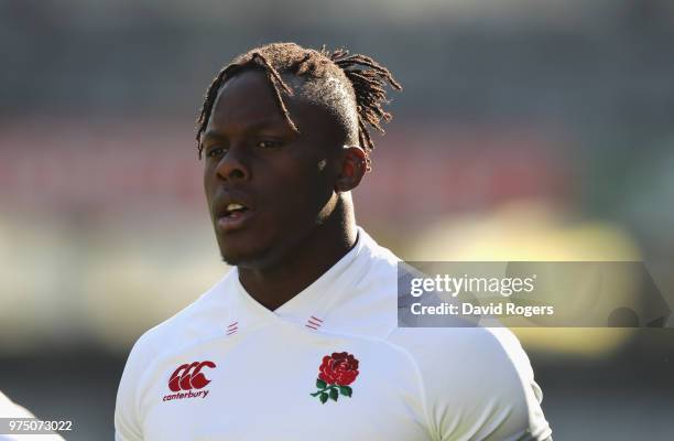 Maro Itoje looks on during the England training session at Kings Park Stadium on June 15, 2018 in Durban, South Africa.