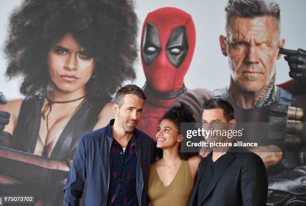 May 2018, Germany, Berlin: Actors Ryan Reynolds , Zazie Beetz and Josh Brolin arrive at a press event to promote their new film 'Deadpool 2', which...