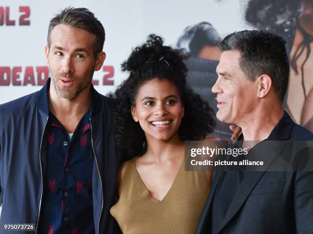May 2018, Germany, Berlin: Actors Ryan Reynolds , Zazie Beetz and Josh Brolin arrive at a press event to promote their new film 'Deadpool 2', which...