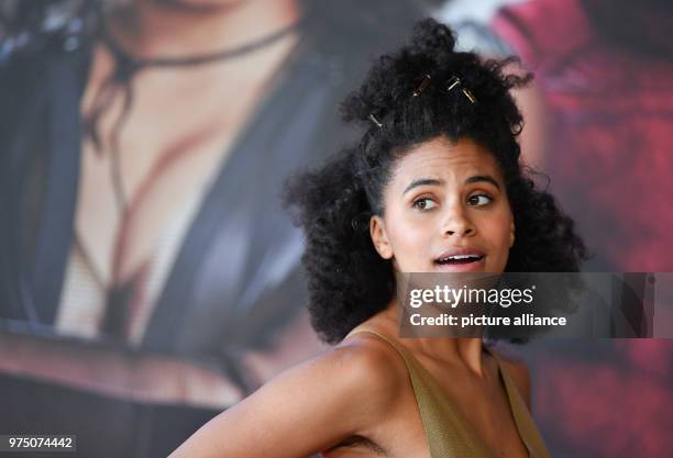 May 2018, Germany, Berlin: Actress Zazie Beetz arrives at a press event to promote her new film 'Deadpool 2', which will hit German cinemas on 17...