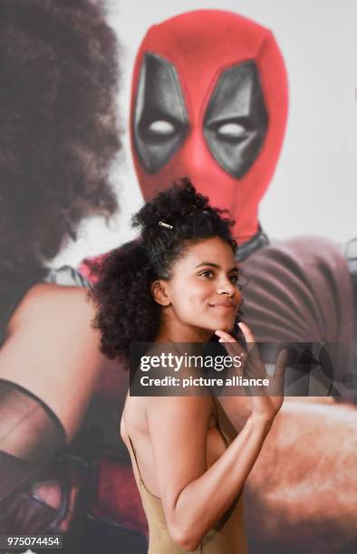 May 2018, Germany, Berlin: Actress Zazie Beetz arrives at a press event to promote her new film 'Deadpool 2', which will hit German cinemas on 17...