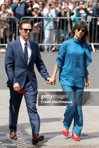 Benedict Cumberbatch and wife Sophie Hunter arrive at Westminster Abbey ahead of Professor Stephen Hawking's memorial service on June 15, 2018 in...