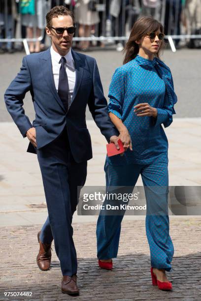 Benedict Cumberbatch and wife Sophie Hunter arrive at Westminster Abbey ahead of Professor Stephen Hawking's memorial service on June 15, 2018 in...