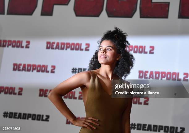 May 2018, Germany, Berlin: Actress Zazie Beetz arrives at a press event to promote her new film 'Deadpool 2', which will hit German cinemas on 17...