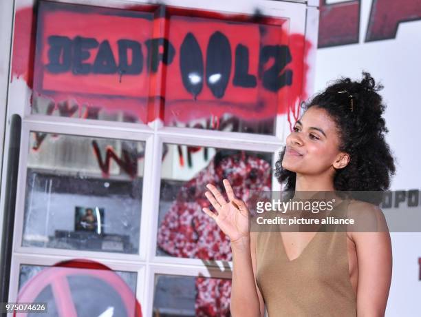 May 2018, Germany, Berlin: Actress Zazie Beetz arrives at a press event to promote her new film 'Deadpool 2', which will hit German cinemas on 17...