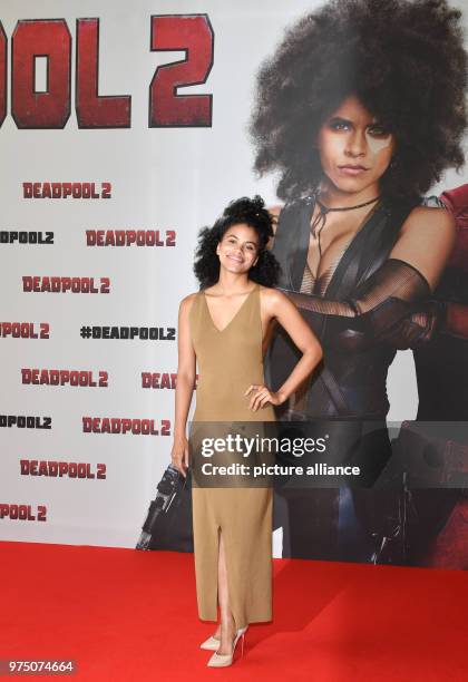 May 2018, Germany, Berlin: Actress Zazie Beetz arrives at a press event to promote her new film 'Deadpool 2', which will hit German cinemas on 17...