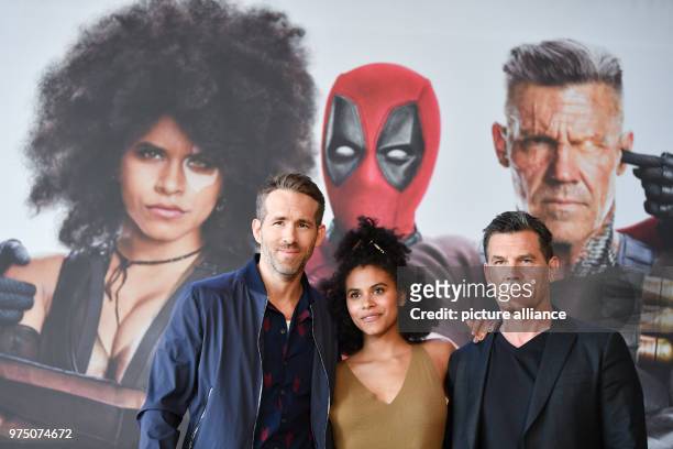 May 2018, Germany, Berlin: Actors Ryan Reynolds , Zazie Beetz and Josh Brolin arrive at a press event to promote their new film 'Deadpool 2', which...