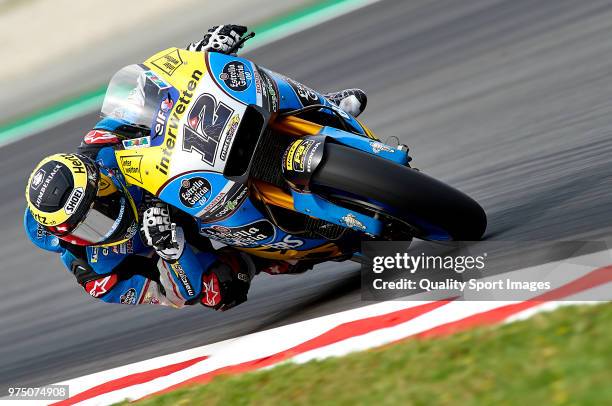 Thomas Luthi of Switzerland and Team EG 0,0 Marc VDS rounds the bend during free practice for the MotoGP of Catalunya at Circuit de Catalunya on June...