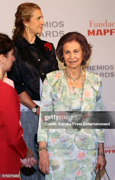 Queen Sofia and Princess Elena attend Mapfre Foundation Awards 2017 at Casino de Madrid on June 14, 2018 in Madrid, Spain.