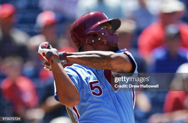 Nick Williams of the Philadelphia Phillies hits a one run double in the sixth inning against the Colorado Rockies at Citizens Bank Park on June 14,...