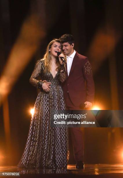 May 2018, Portugal, Lisbon: Spain's Amaia y Alfred practice their Eurovision Song Contest performance at the 1. Dress rehearsal for the finals on 12...