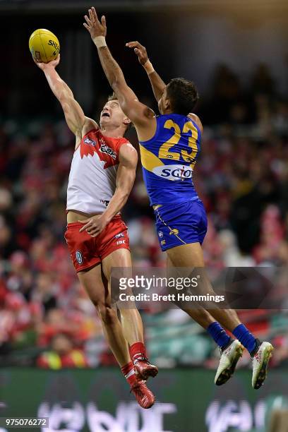 Ben Ronke of the Swans attempts to take a mark during the round 13 AFL match between the Sydney Swans and the West Coast Eagles at Sydney Cricket...