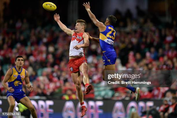 Ben Ronke of the Swans attempts to take a mark during the round 13 AFL match between the Sydney Swans and the West Coast Eagles at Sydney Cricket...