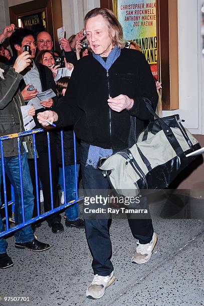 Actor Christopher Walken signs autographs outside the Gerald Schoenfeld Theater on March 06, 2010 in New York City.
