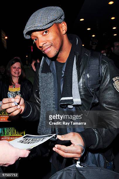 Actor Anthony Mackie signs autographs outside the Gerald Schoenfeld Theater on March 06, 2010 in New York City.