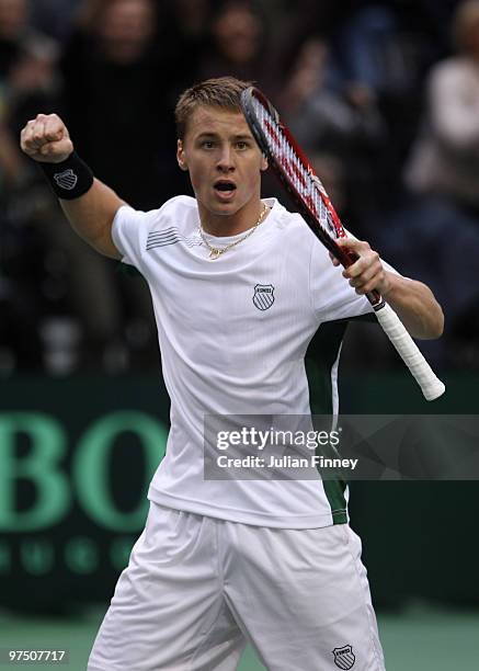 Ricardas Berankis of Lithuania celebrates defeating James Ward of Great Britain during day three of the Davis Cup Tennis match between Lithuania and...