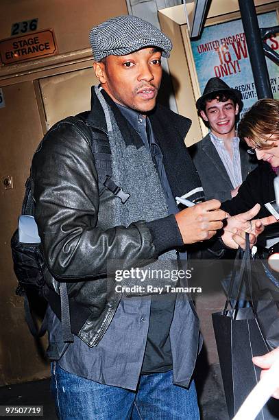 Actor Anthony Mackie signs autographs outside the Gerald Schoenfeld Theater on March 06, 2010 in New York City.