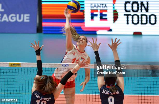 Of Serbia in action SUNAH JEONG and JEONGAH PARK of Korea against during FIVB Volleyball Nations League match between Korea and Serbia at the Stadium...