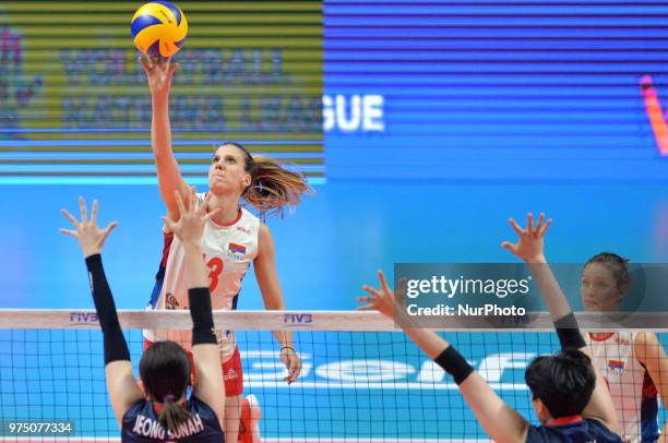 Of Serbia in action during FIVB Volleyball Nations League match between Korea and Serbia at the Stadium of the Technological University of the...