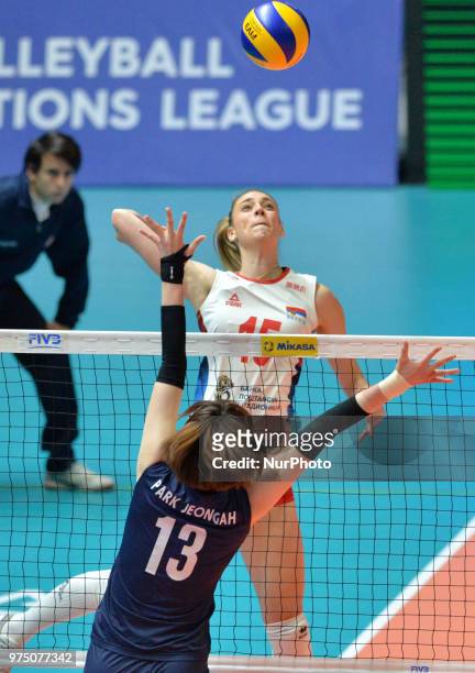 Of Serbia in action against JEONGAH PARK of Korea during FIVB Volleyball Nations League match between Korea and Serbia at the Stadium of the...
